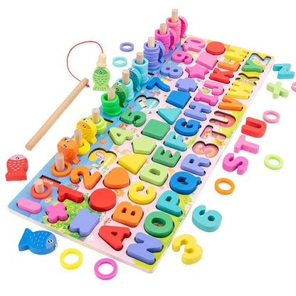 6-in-1 Wooden Magnetic Puzzles for Toddlers, Educational Toy Set, Alphabet Learning, Shape Sorting, Number Sorting, Math Stacking Blocks, Fishing Game for Kids