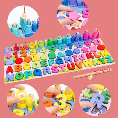 6-in-1 Wooden Magnetic Puzzles for Toddlers, Educational Toy Set, Alphabet Learning, Shape Sorting, Number Sorting, Math Stacking Blocks, Fishing Game for Kids