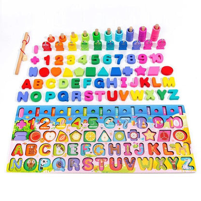 6-in-1 Wooden Magnetic Puzzles for Toddlers, Educational Toy Set, Alphabet Learning, Shape Sorting, Number Sorting, Math Stacking Blocks, Fishing Game for Kids