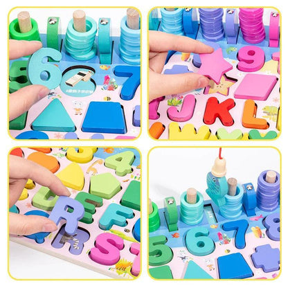 6-in-1 Wooden Magnetic Puzzles for Toddlers, Educational Toy Set, Alphabet Learning, Shape Sorting, Number Sorting, Math Stacking Blocks, Fishing Game for Kids