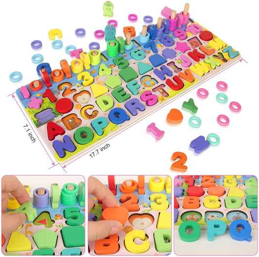 6-in-1 Wooden Magnetic Puzzles for Toddlers, Educational Toy Set, Alphabet Learning, Shape Sorting, Number Sorting, Math Stacking Blocks, Fishing Game for Kids