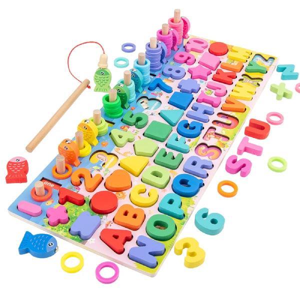 6-in-1 Wooden Magnetic Puzzles for Toddlers, Educational Toy Set, Alphabet Learning, Shape Sorting, Number Sorting, Math Stacking Blocks, Fishing Game for Kids