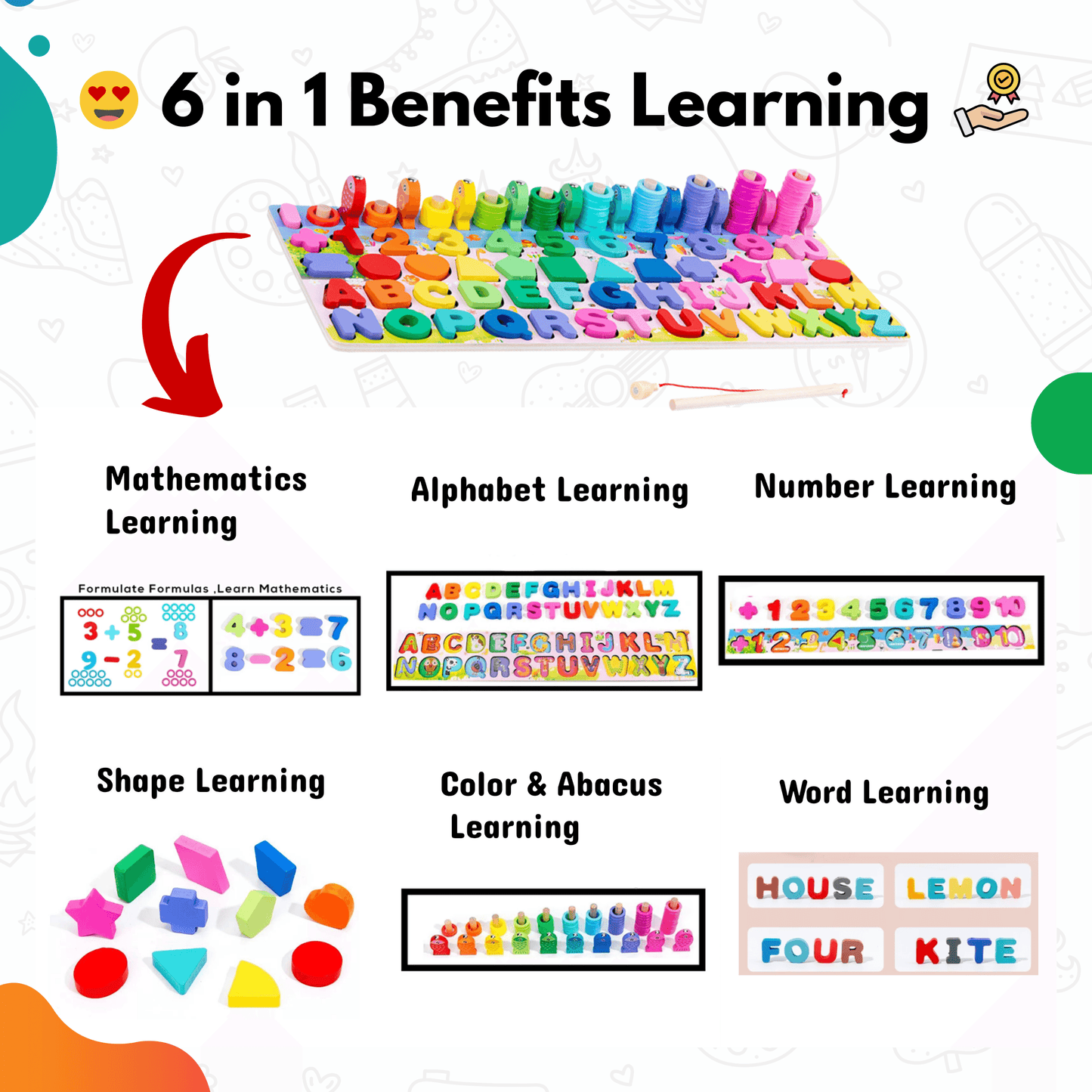 6-in-1 Wooden Magnetic Puzzles for Toddlers, Educational Toy Set, Alphabet Learning, Shape Sorting, Number Sorting, Math Stacking Blocks, Fishing Game for Kids